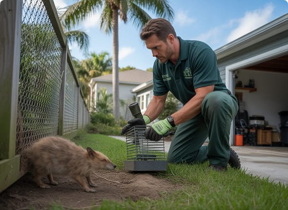 Technician preparing a humane raccoon trap in a residential yard
