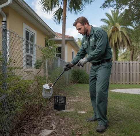 Wildlife technician inspecting a residential yard for animal activity