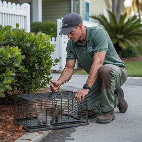 Technician setting a humane wildlife trap near shrubs outside a home