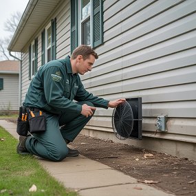 Wildlife technician placing a trap near the foundation of a residential property