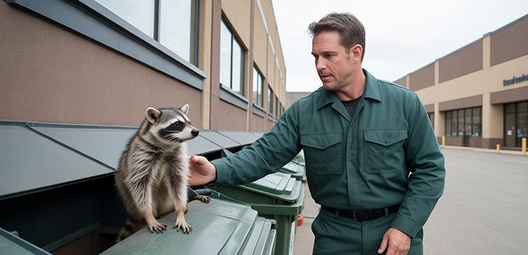Wildlife specialist removing a raccoon from a home exterior entry point