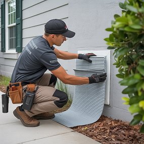 Technician sealing an exterior vent to prevent wildlife from entering a home
