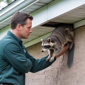 Technician safely removing a raccoon from a wall opening near a window