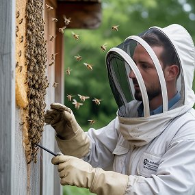Beekeeper removing bees from a wall during professional bee removal service