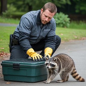 Technician safely handling a raccoon trap for humane raccoon removal