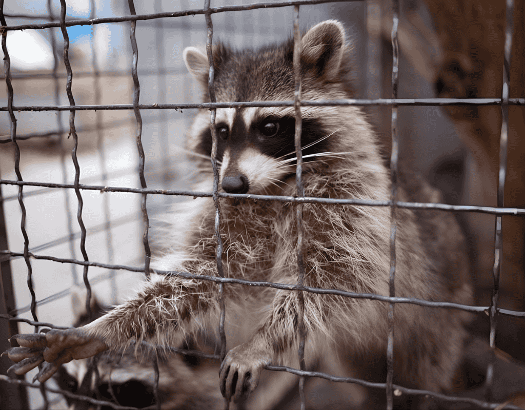 Raccoon inside a live trap for safe wildlife removal services