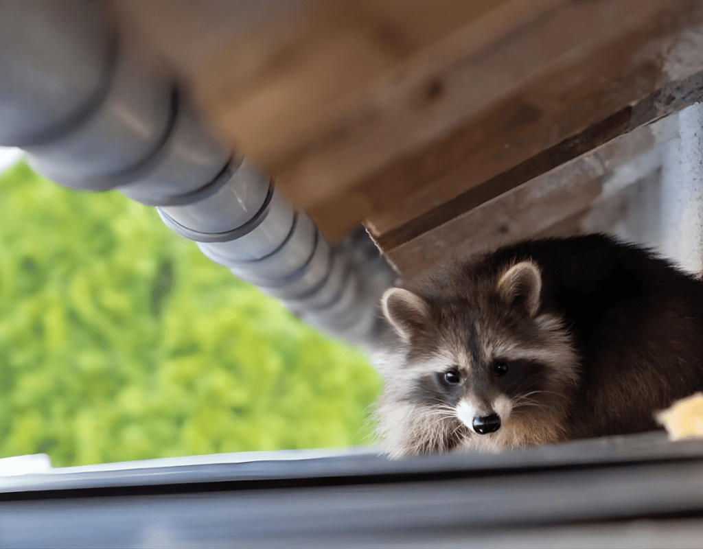 Raccoon hiding near a roofline for Palm Beach Wildlife Services raccoon removal